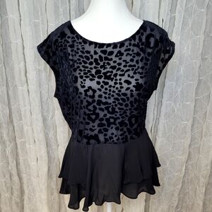 Three Hearts Kohls Y2K Black Sheer Leopard Print High Low Peplum Blouse